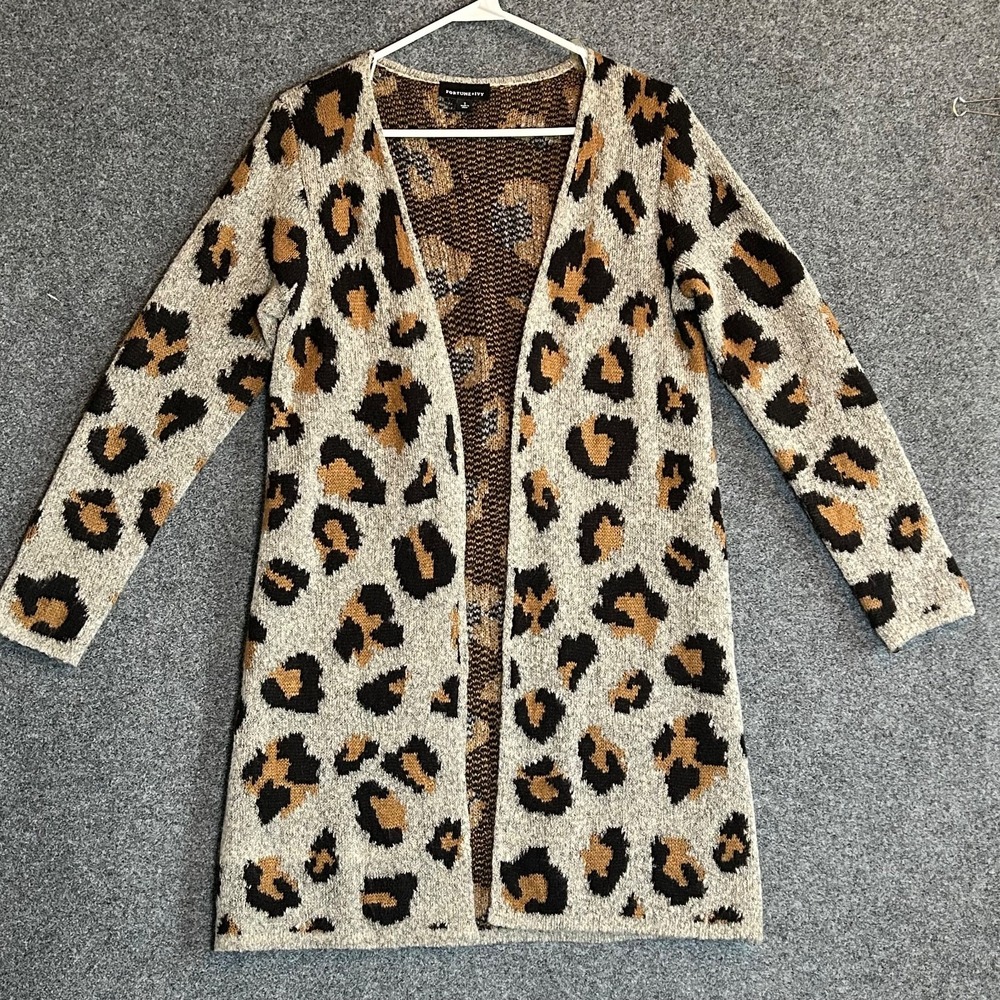 Women's Cheetah Open Front Cardigan Sweater- Size Small - Fortune + Ivy